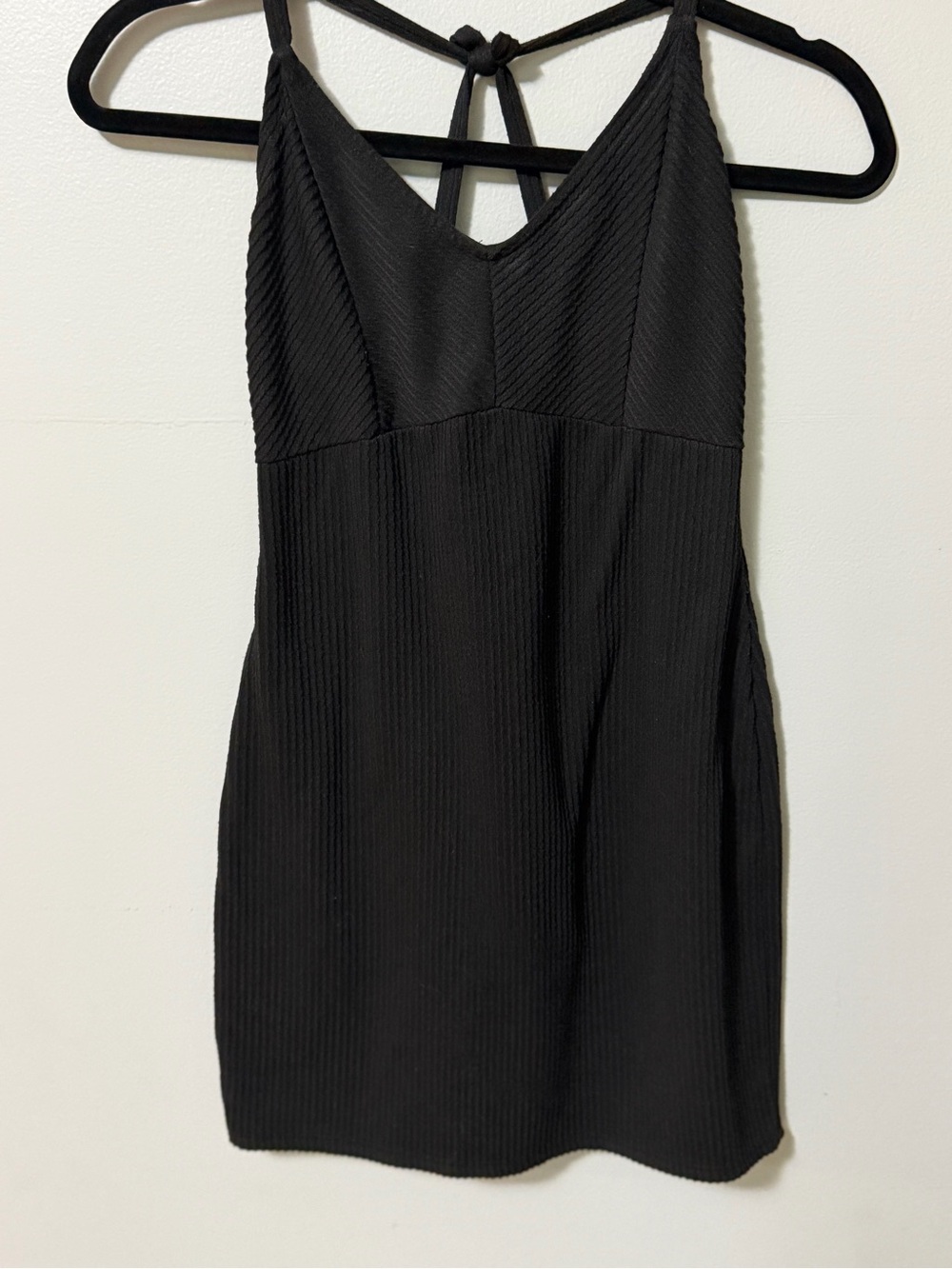 Black Ribbed Open Back Mini Dress Tie Back Bodycon Going Out Dress